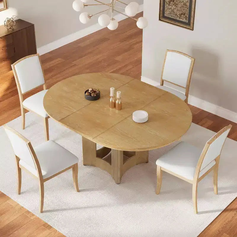MAYEERTY 5-Piece Farmhouse Extendable Round Dining Table Set, 16 Removable Leaf, 4 Upholstered Chairs for 4 Person, Espresso + Beige