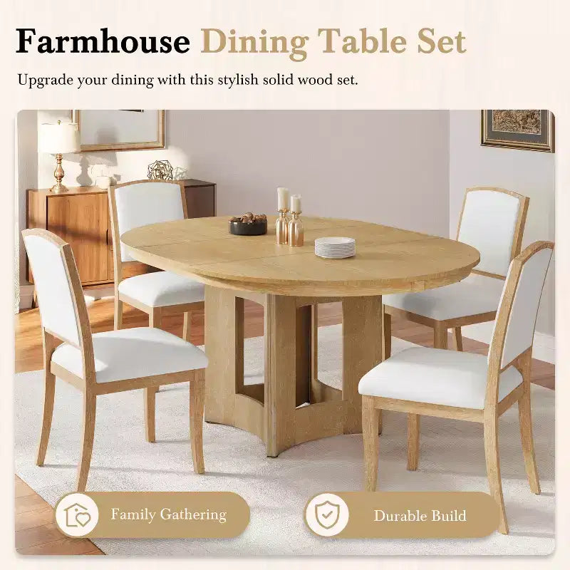 MAYEERTY 5-Piece Farmhouse Extendable Round Dining Table Set, 16 Removable Leaf, 4 Upholstered Chairs for 4 Person, Espresso + Beige