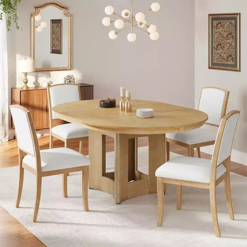 MAYEERTY 5-Piece Farmhouse Extendable Round Dining Table Set, 16 Removable Leaf, 4 Upholstered Chairs for 4 Person, Espresso + Beige