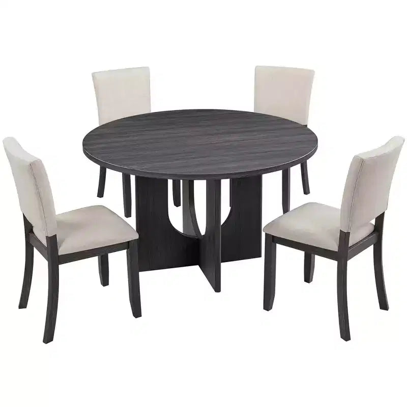 MAYEERTY 5-Piece 47.3 Modern Round Dining Set, 4 Upholstered Chairs, Antique Black & Beige