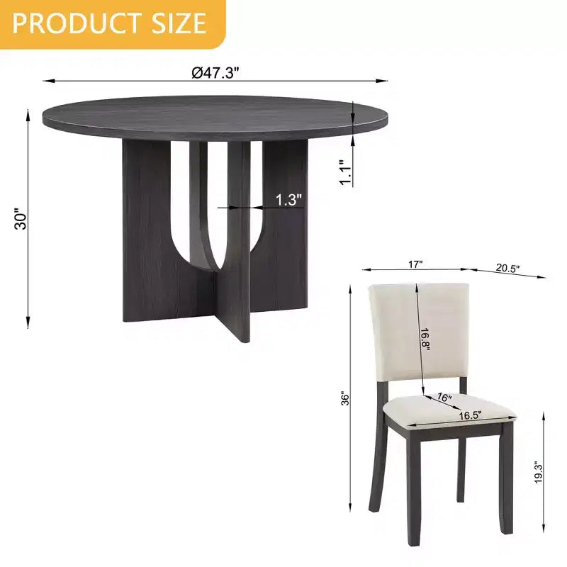 MAYEERTY 5-Piece 47.3 Modern Round Dining Set, 4 Upholstered Chairs, Antique Black & Beige