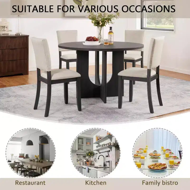 MAYEERTY 5-Piece 47.3 Modern Round Dining Set, 4 Upholstered Chairs, Antique Black & Beige