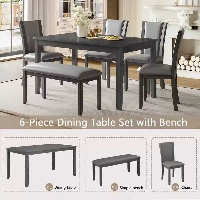MAYEERTY Ensemble table à manger moderne 6 pièces, Table en bois avec 4 chaises et un banc, Gris