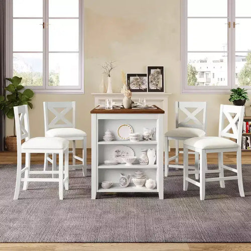 5-Piece Counter Height Dining Table Set, Rustic Farmhouse Wooden Bar Table Set with 4 Upholstered Chairs, Table Chairs Set for Kitchen