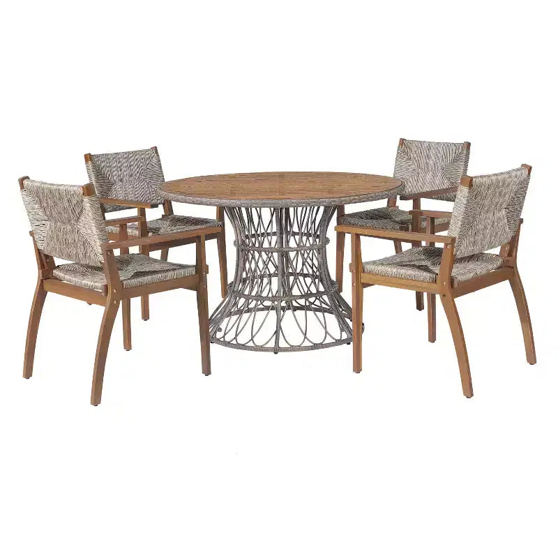 Christopher Knight Home Nan Farmhouse 5 Piece Outdoor Acacia Wood Dining Set with 4 Wicker Armchairs