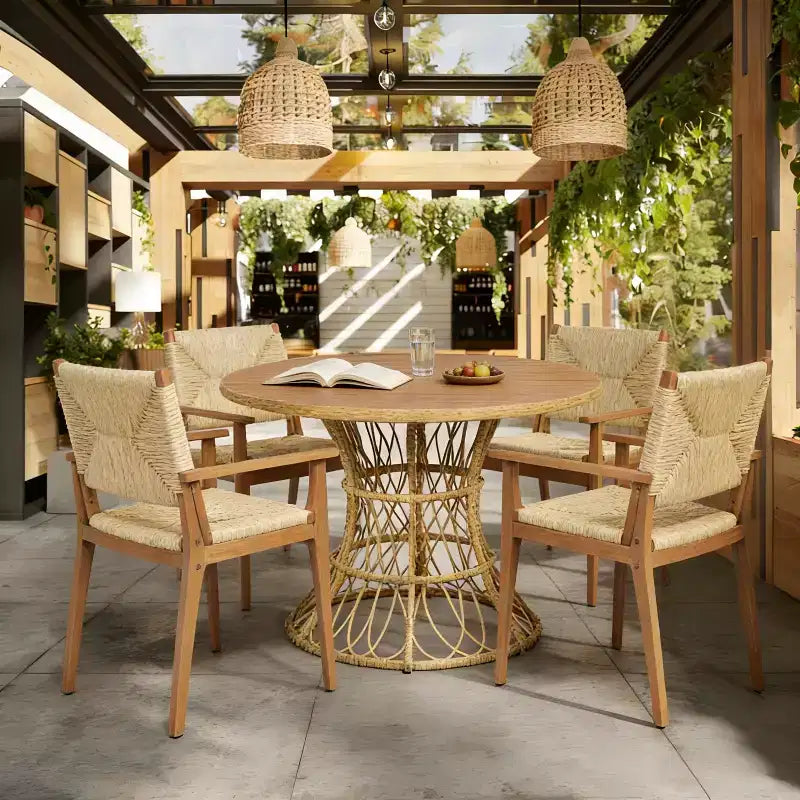 Christopher Knight Home Nan Farmhouse 5 Piece Outdoor Acacia Wood Dining Set with 4 Wicker Armchairs
