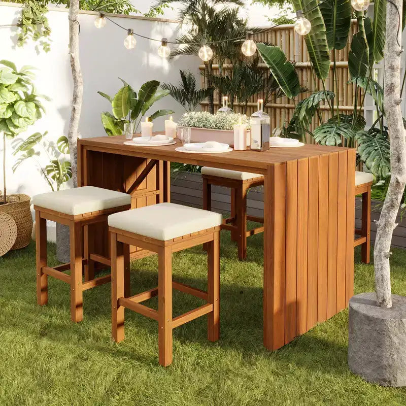 GDFStudio Mason Patio Modern Acacia Wood 5-Piece Bar Height Table Set with 4 Cushioned Stools