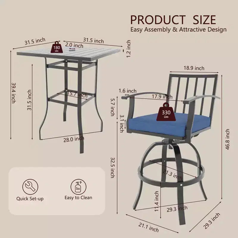 ALAULM 3PCS Patio Bar Set, Patio Table Set w/2 High Barstools&1 Bar table, for Kitchen, Lawn, Patio