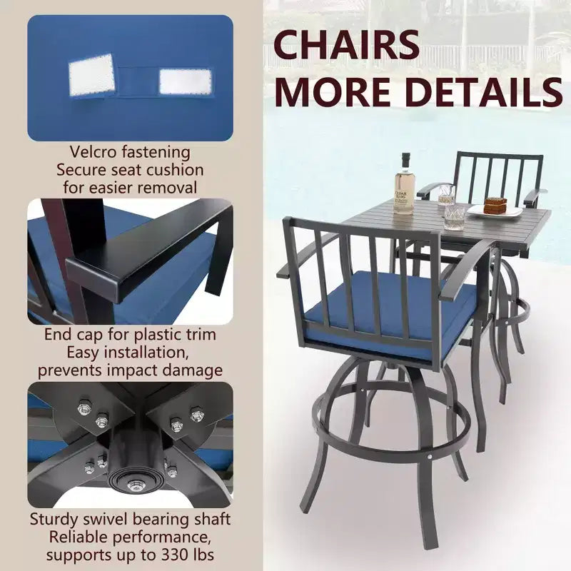 ALAULM 3PCS Patio Bar Set, Patio Table Set w/2 High Barstools&1 Bar table, for Kitchen, Lawn, Patio