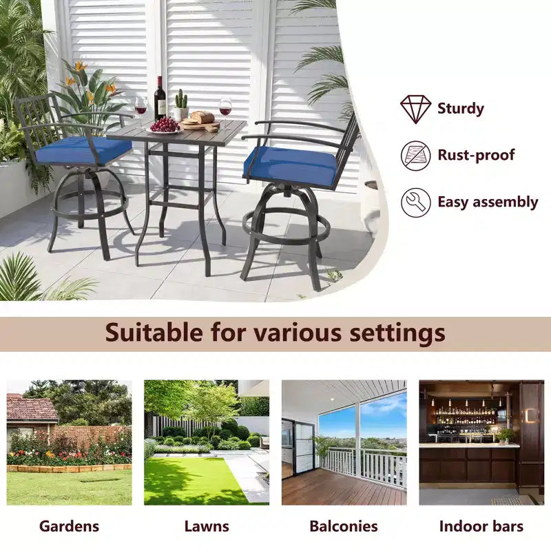 ALAULM 3PCS Patio Bar Set, Patio Table Set w/2 High Barstools&1 Bar table, for Kitchen, Lawn, Patio