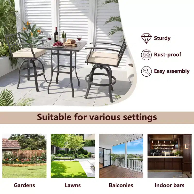 ALAULM 3PCS Patio Bar Set, Patio Table Set w/2 High Barstools&1 Bar table, for Kitchen, Lawn, Patio