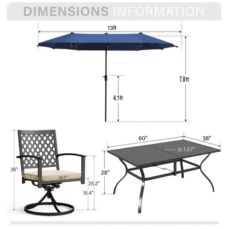 Captiva Designs 8pc Outdoor Rectangular Steel Dining Table & Black Steel Chairs & Market Umbrella