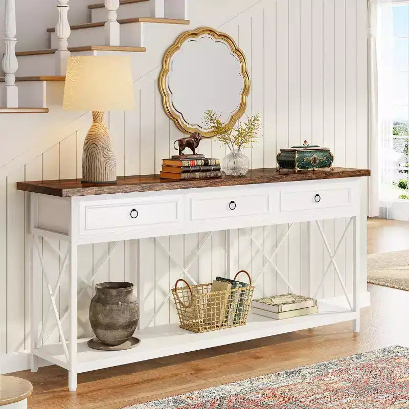 Lantine 70.8-Inch Console Table with 3 Drawers, Farmhouse Entryway Table with Storage Shelf for Entryway, Hallway, White & Brown