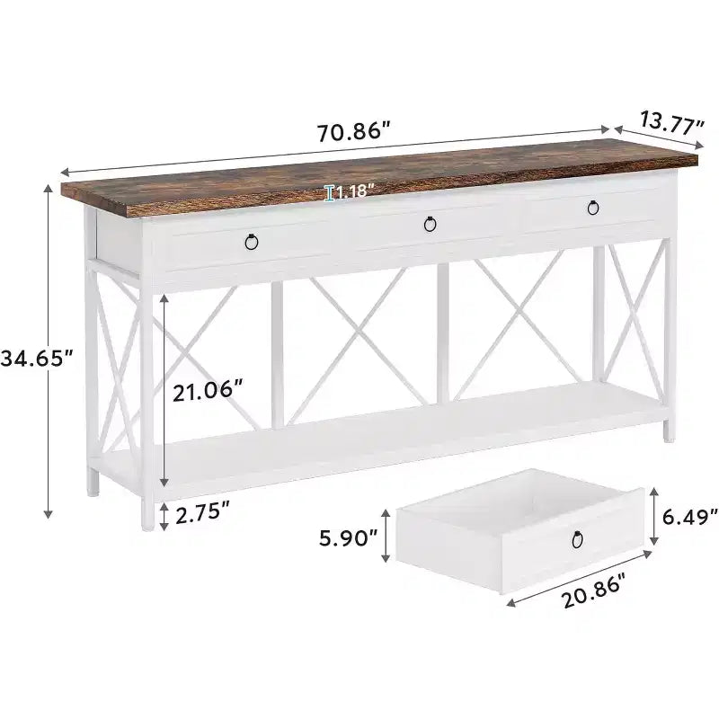 Lantine 70.8-Inch Console Table with 3 Drawers, Farmhouse Entryway Table with Storage Shelf for Entryway, Hallway, White & Brown