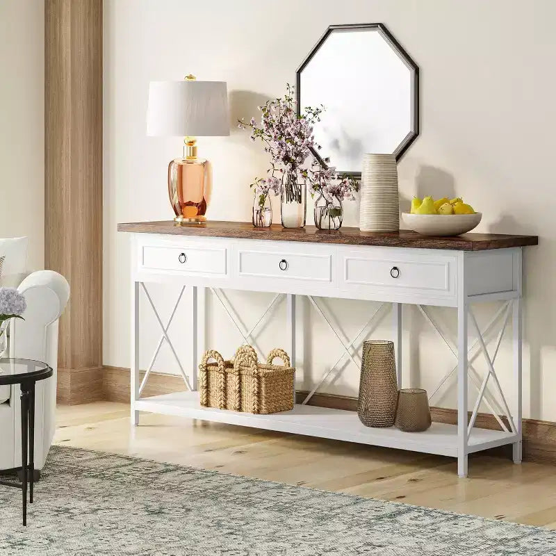 Lantine 70.8-Inch Console Table with 3 Drawers, Farmhouse Entryway Table with Storage Shelf for Entryway, Hallway, White & Brown