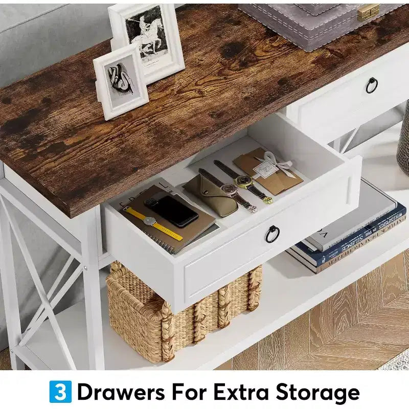 Lantine 70.8-Inch Console Table with 3 Drawers, Farmhouse Entryway Table with Storage Shelf for Entryway, Hallway, White & Brown