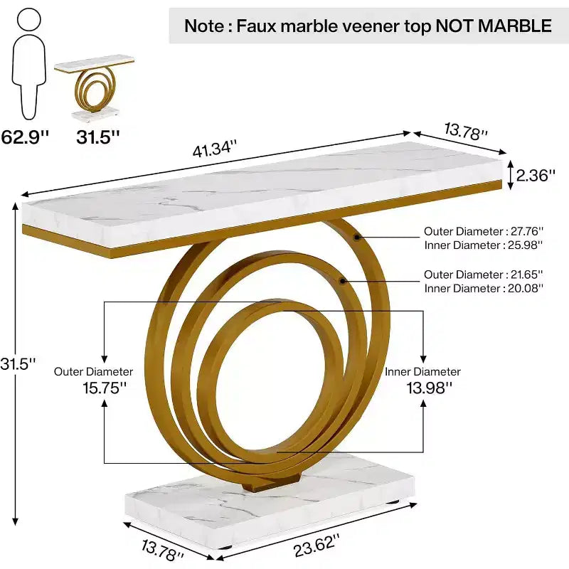 Lantine 41-Inch Gold Entryway Table with Faux Marble Veener Top, Modern Narrow Console Accent Table for Living Room, Hallway, Entrance.