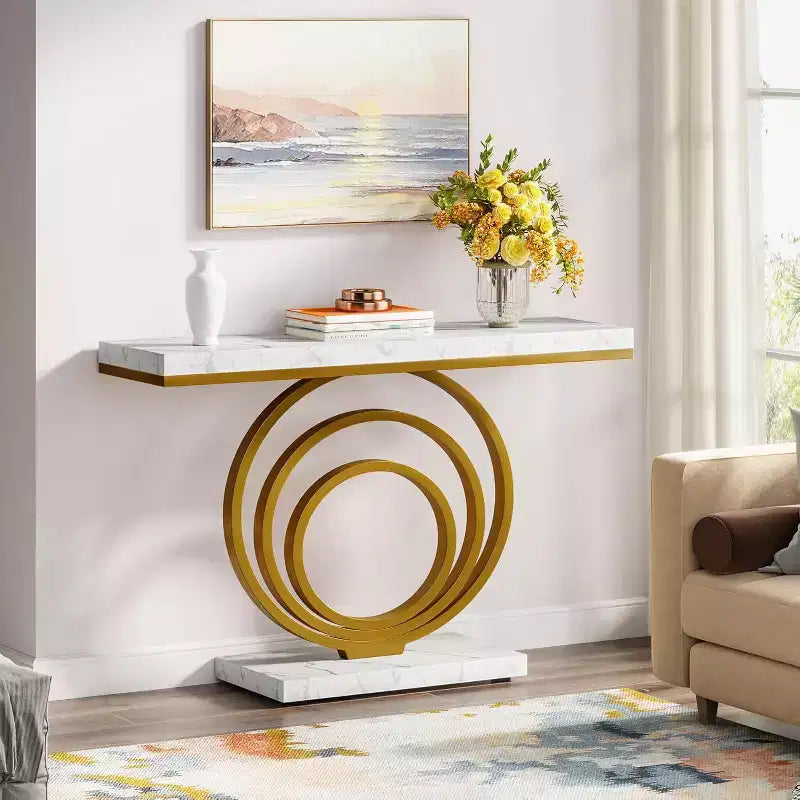 Lantine 41-Inch Gold Entryway Table with Faux Marble Veener Top, Modern Narrow Console Accent Table for Living Room, Hallway, Entrance.