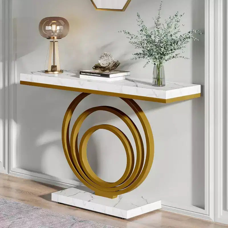 Lantine 41-Inch Gold Entryway Table with Faux Marble Veener Top, Modern Narrow Console Accent Table for Living Room, Hallway, Entrance.