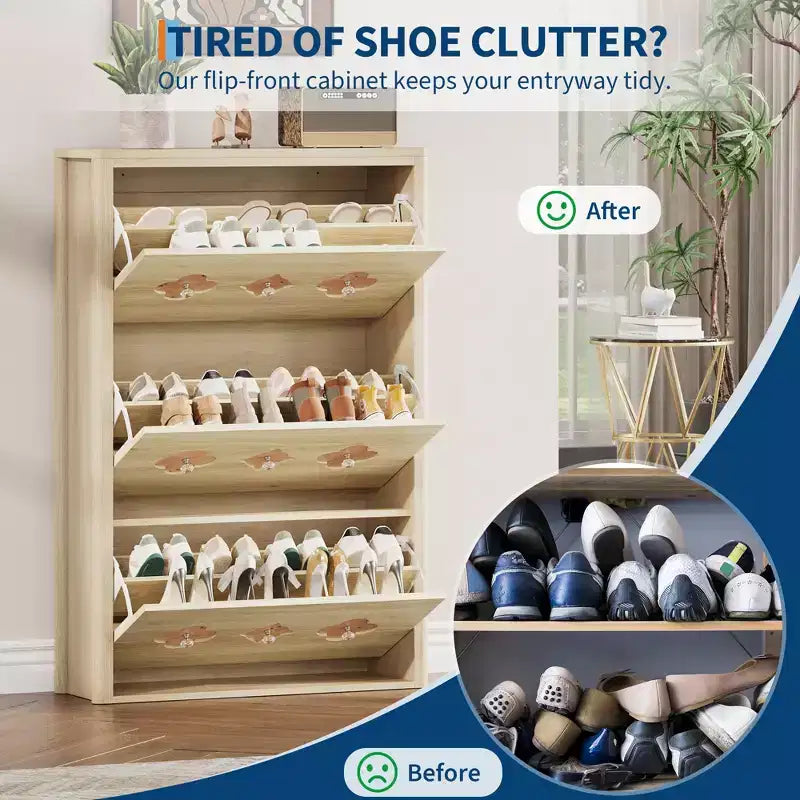 Shoe Cabinet with 3 Carved Flip Drawers, Crystal Handles, Adjustable Shelf, Wooden Brown