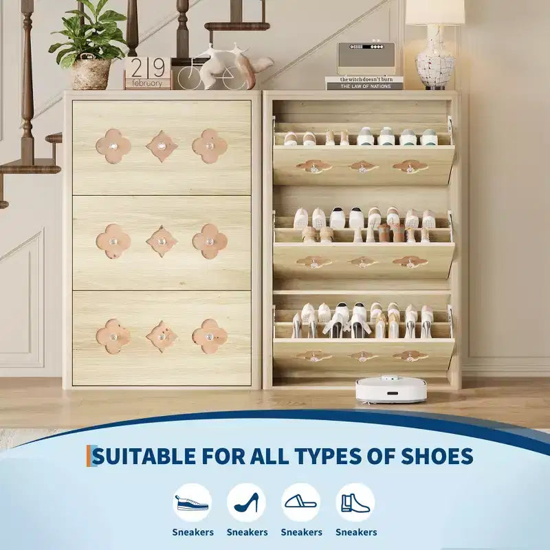 Shoe Cabinet with 3 Carved Flip Drawers, Crystal Handles, Adjustable Shelf, Wooden Brown