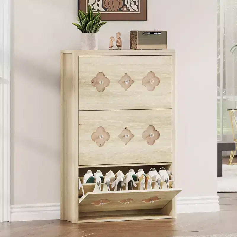 Shoe Cabinet with 3 Carved Flip Drawers, Crystal Handles, Adjustable Shelf, Wooden Brown