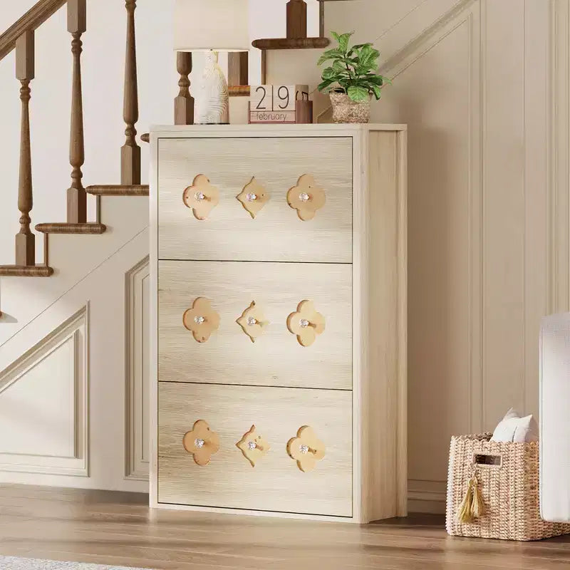 Shoe Cabinet with 3 Carved Flip Drawers, Crystal Handles, Adjustable Shelf, Wooden Brown