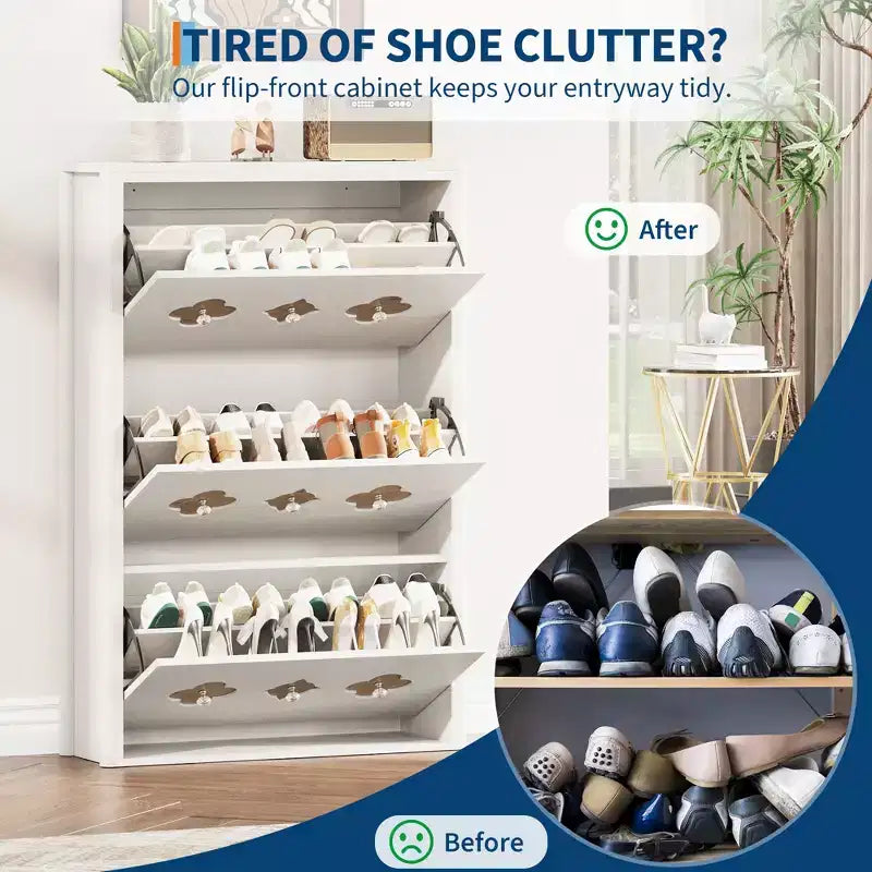 Shoe Cabinet with 3 Carved Flip Drawers, Crystal Handles, Adjustable Shelf, Wooden Brown
