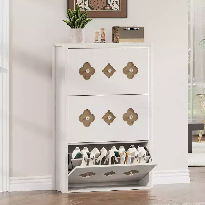 Shoe Cabinet with 3 Carved Flip Drawers, Crystal Handles, Adjustable Shelf, Wooden Brown