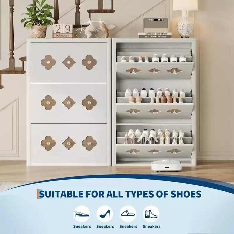 Shoe Cabinet with 3 Carved Flip Drawers, Crystal Handles, Adjustable Shelf, Wooden Brown