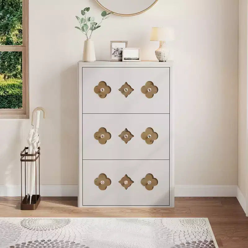 Shoe Cabinet with 3 Carved Flip Drawers, Crystal Handles, Adjustable Shelf, Wooden Brown
