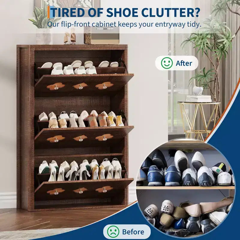 Shoe Cabinet with 3 Carved Flip Drawers, Crystal Handles, Adjustable Shelf, Wooden Brown