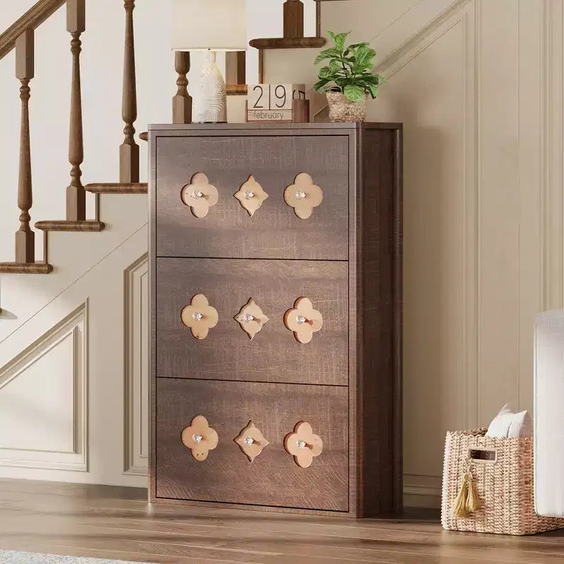 Shoe Cabinet with 3 Carved Flip Drawers, Crystal Handles, Adjustable Shelf, Wooden Brown