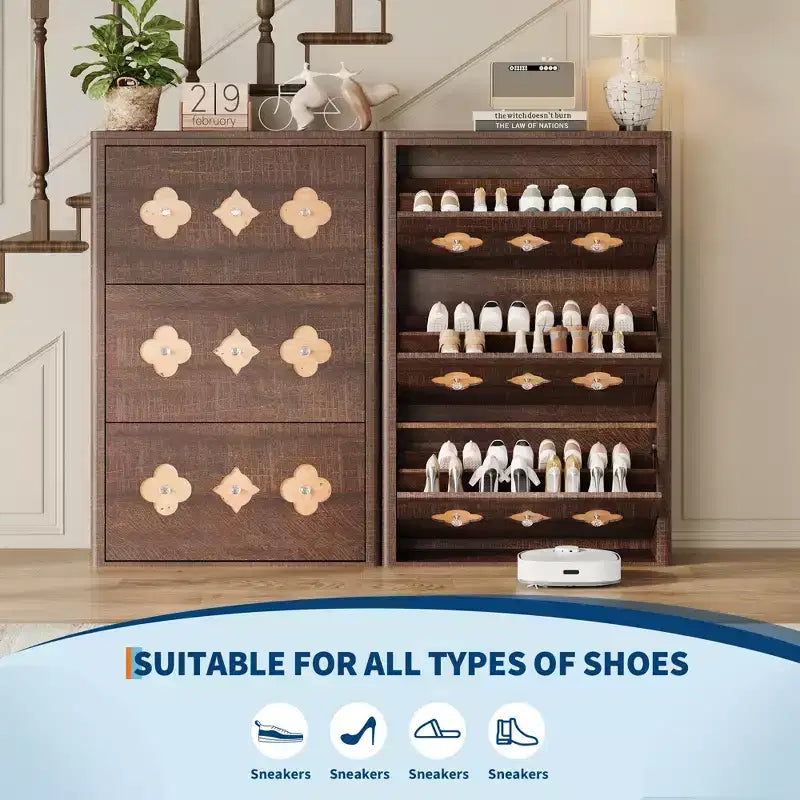 Shoe Cabinet with 3 Carved Flip Drawers, Crystal Handles, Adjustable Shelf, Wooden Brown