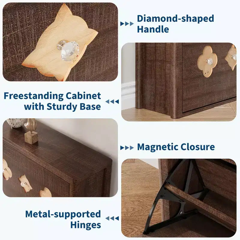 Shoe Cabinet with 3 Carved Flip Drawers, Crystal Handles, Adjustable Shelf, Wooden Brown