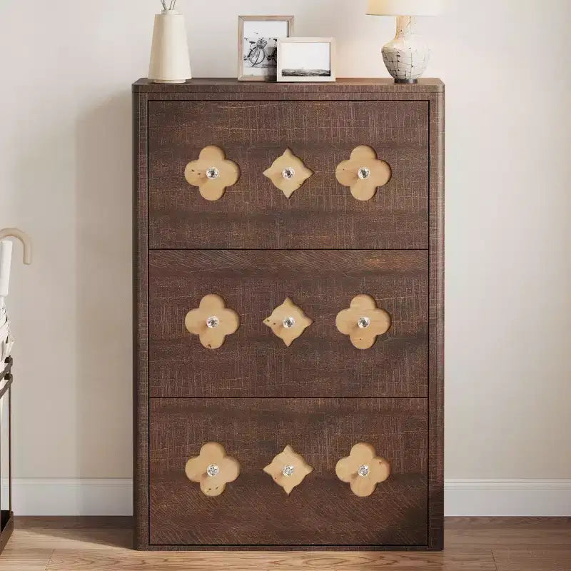 Shoe Cabinet with 3 Carved Flip Drawers, Crystal Handles, Adjustable Shelf, Wooden Brown