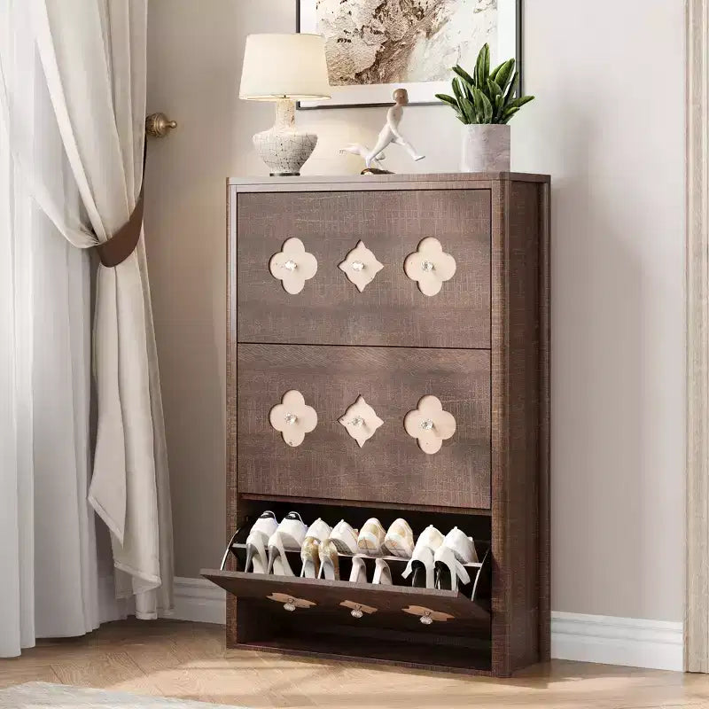 Garvee Shoe Cabinet with 3 Carved Flip Drawers, crystal handles, Shoe Storage Cabinet with Adjustable Shelf, Wooden Organizer Shoe Cabinet