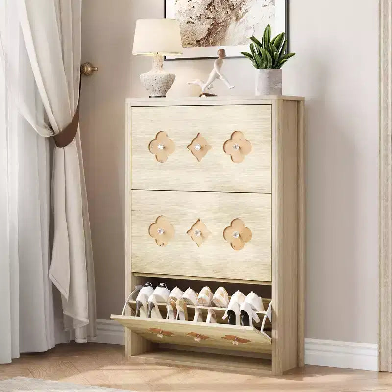 Shoe Cabinet with 3 Carved Flip Drawers, Crystal Handles, Adjustable Shelf, Wooden Brown