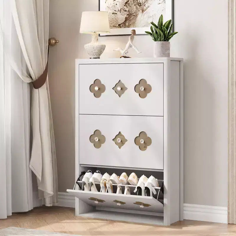 Shoe Cabinet with 3 Carved Flip Drawers, Crystal Handles, Adjustable Shelf, Wooden Brown