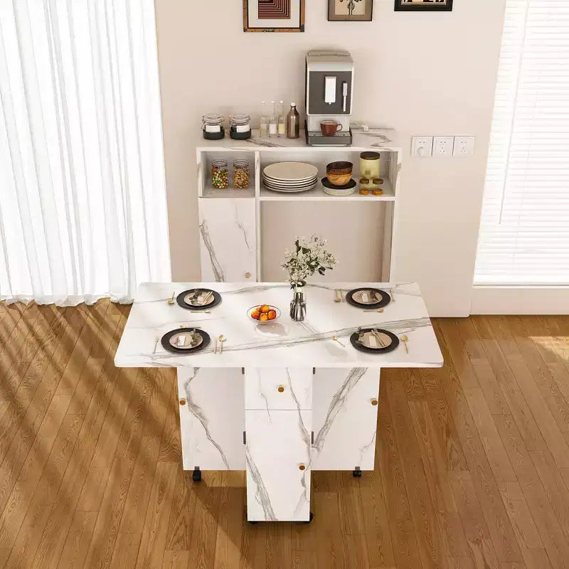 JVNOXK Multi-functional folding dining table with wall-mounted side cabinet and storage space with outlets, ideal for compact apartments, white