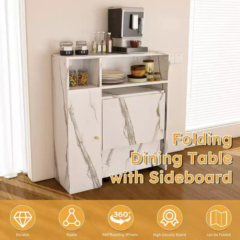 Folding Dining Table with Storage Cabinet and Power Outlets for Compact Apartments, White