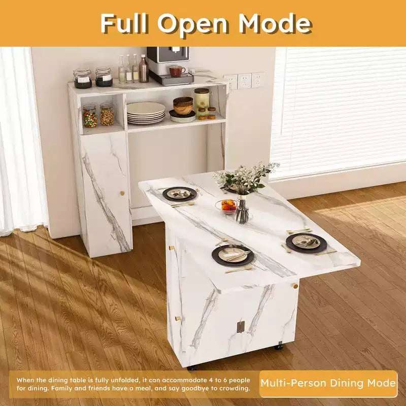 Folding Dining Table with Storage Cabinet and Power Outlets for Compact Apartments, White