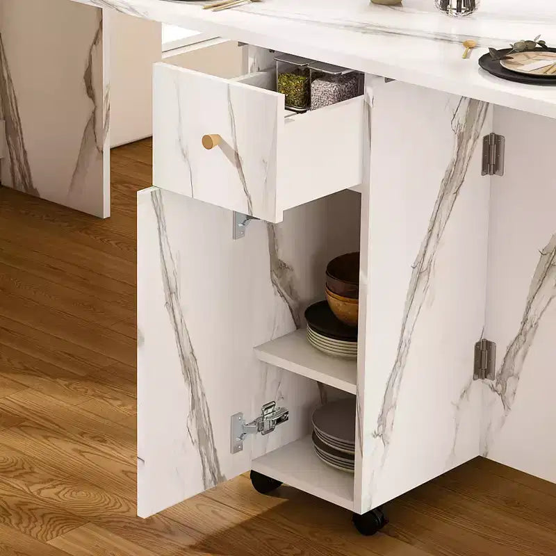 Folding Dining Table with Storage Cabinet and Power Outlets for Compact Apartments, White