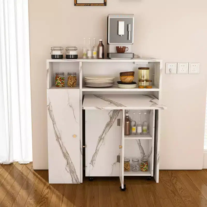 Folding Dining Table with Storage Cabinet and Power Outlets for Compact Apartments, White