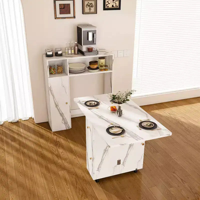 Folding Dining Table with Storage Cabinet and Power Outlets for Compact Apartments, White