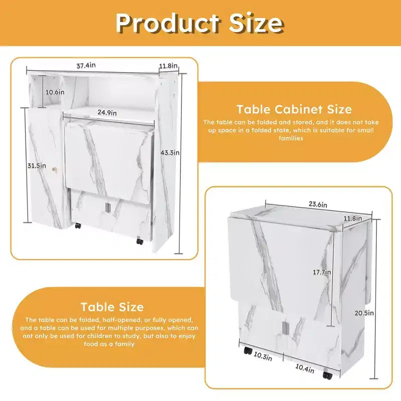 Folding Dining Table with Storage Cabinet and Power Outlets for Compact Apartments, White