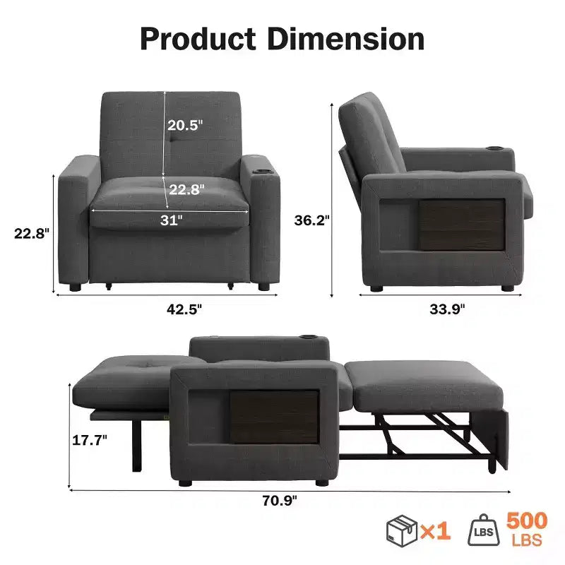 Dyonery 42.5 Sleeper Chair Bed with Pull Out Couch Bed, 3-in-1 Convertible Reclining Sofa Chair with Adjustable Backrest/USB Ports & Wing Table