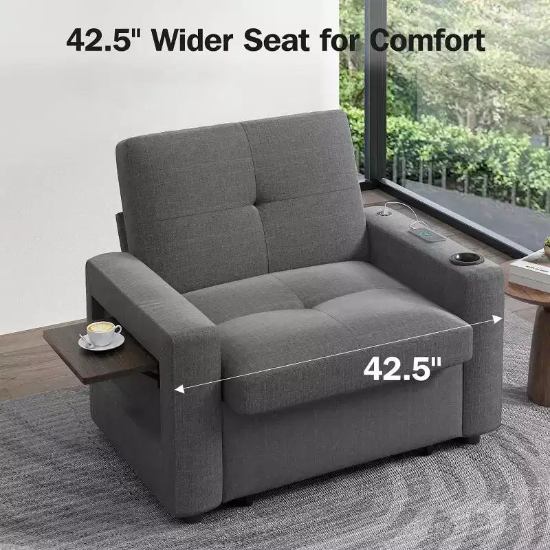 Dyonery 42.5 Sleeper Chair Bed with Pull Out Couch Bed, 3-in-1 Convertible Reclining Sofa Chair with Adjustable Backrest/USB Ports & Wing Table