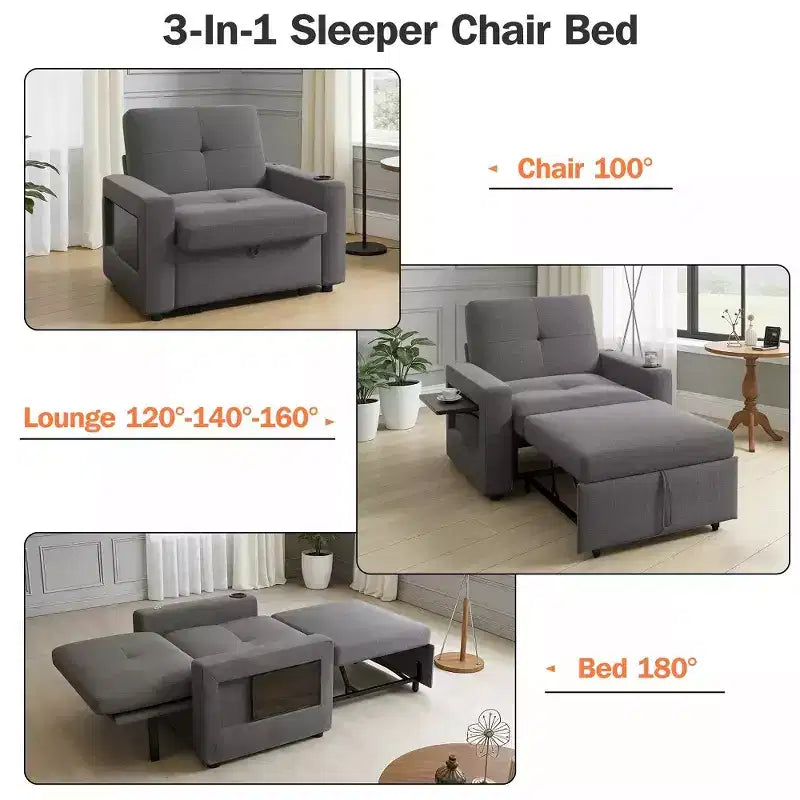 Dyonery 42.5 Sleeper Chair Bed with Pull Out Couch Bed, 3-in-1 Convertible Reclining Sofa Chair with Adjustable Backrest/USB Ports & Wing Table