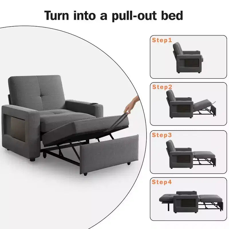 Dyonery 42.5 Sleeper Chair Bed with Pull Out Couch Bed, 3-in-1 Convertible Reclining Sofa Chair with Adjustable Backrest/USB Ports & Wing Table